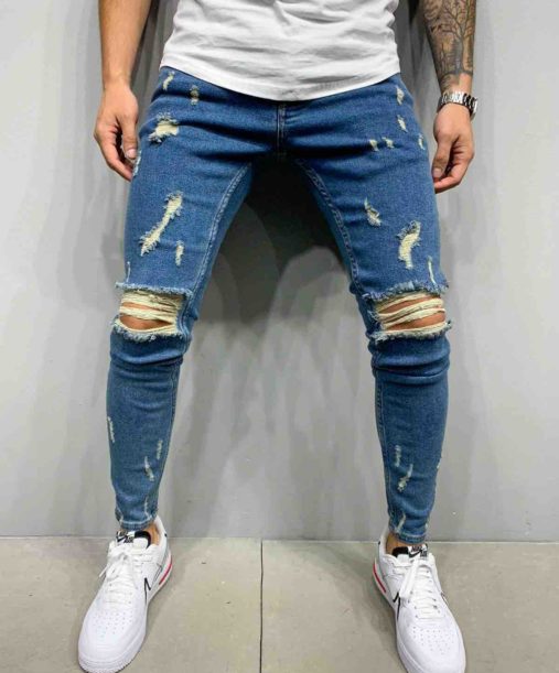 JEAN SLIM SKINNY DESTROY BLEU HOMME - MODE URBAINE