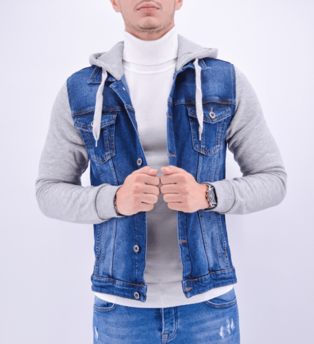 veste en jean bleu à capuche